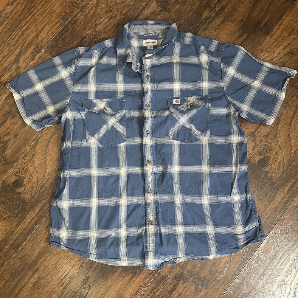 Carhartt Mens 2XL Relaxed Fit Short Sleeve Button Down Shirt Blue Plaid